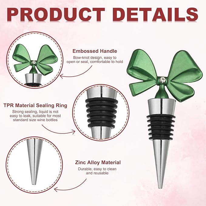 uxcell 2 Pcs Bow Wine Stopper, Reusable Wine Stoppers Airtight Leak-proof Bottle Plugs Liquor Saver Beer Beverage Glass Bottles Stopper for Bar Holiday Party Home Decor, Silver-Green
