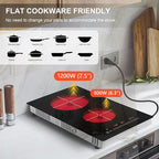 Alemania 12 Inch Electric Cooktop 120V, Dual Burner 2000W Radiant Ceramic Stove, Drop-in & Countertop Plug-in Cook Top with Timer, 9 Power Levels & Touch Controls
