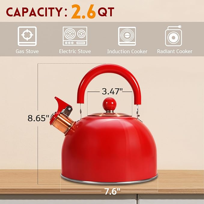Tea Kettle,Whistling Tea Kettle Stovetop 2.6 Quart, Tea Pots for Stove Top Food Grade Stainless Steel,Wood Pattern Handle,Christmas Gift(Red),With Anti Scald Towel