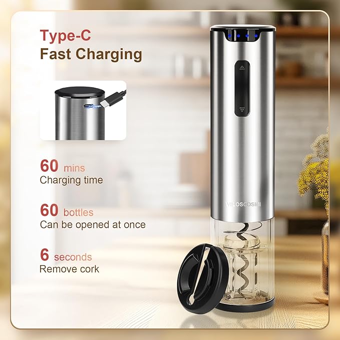 Electric Wine Opener & Automatic Wine Bottle Opener Rechargeable - 4-in-1 with Electric Wine Aerator & Dispenser, Foil Cutter and Vacuum Stopper, Wine Gift Set for Women, Men