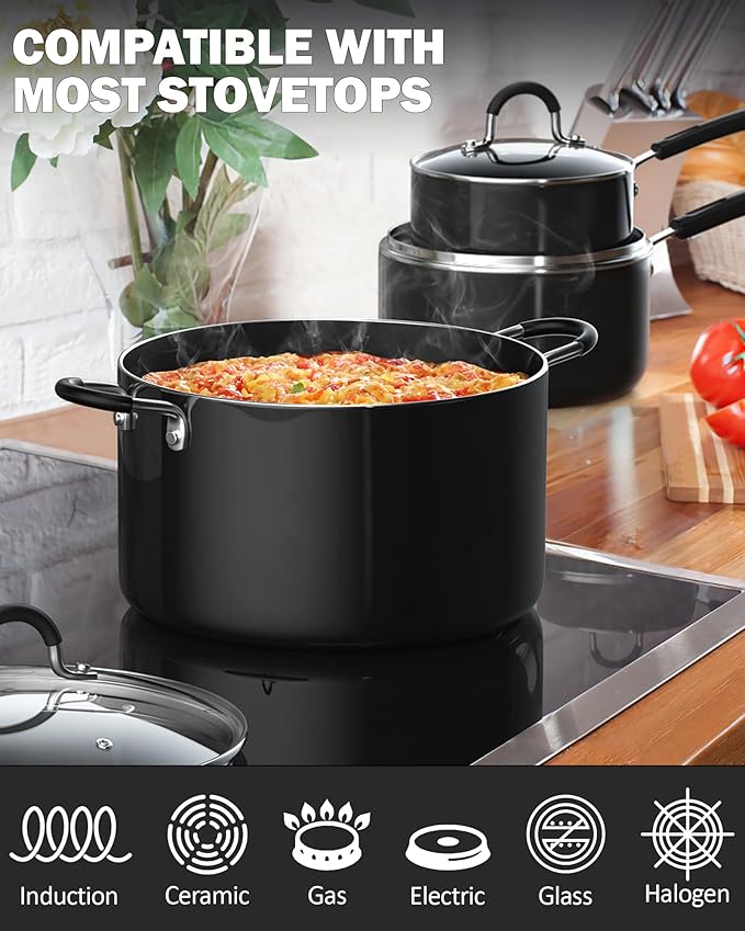 Cook N Home Pots and Pans Nonstick Kitchen Cookware Sets include Saucepan Frying Pan Stockpots 8-Piece, Heavy Gauge, Stay Cool Handle, Black