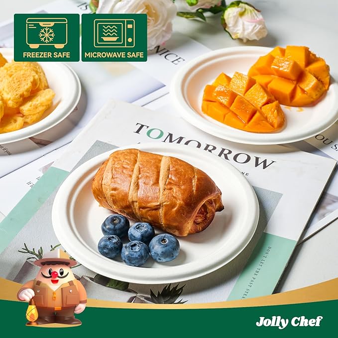 JOLLY CHEF 100% Compostable Small Paper Plates, 200 Pack 6 Inch Heavy Duty Dessert Plates, Disposable Biodegradable Eco-Friendly Sugarcane, Bulk White