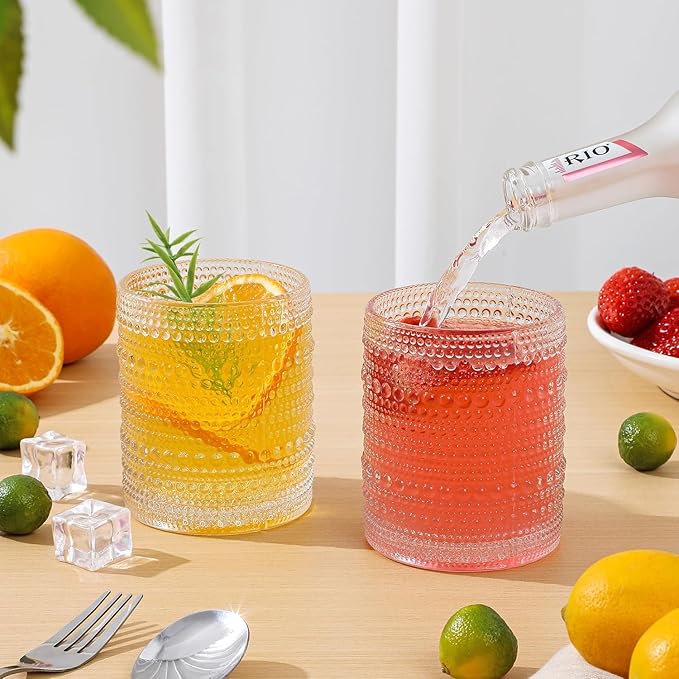 HomeVogue Hobnail Drinking Glasses Set of 6,12 oz Vintage Glassware Set Cocktail Glass Set, Embossed Clear Water Tumbler,for Beer, Whiskey,Juice and Various Mixed Drinks (12oz Clear)