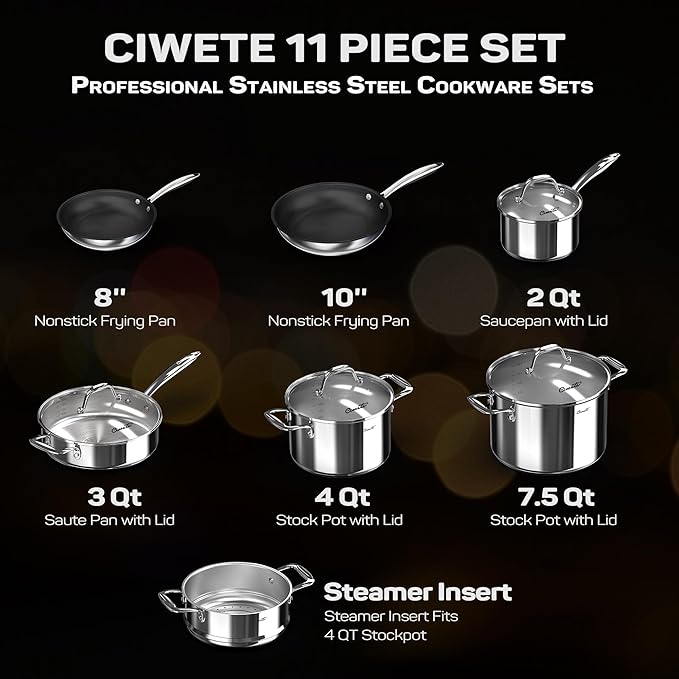 Ciwete 11-Piece Stainless Steel Pots and Pans Set Non Stick, Tri-Ply Stainless Steel Cookware Set, Induction Kitchen Cookware Sets with Steamer Insert & Stay-Cool Handles, Dishwasher, Oven Safe
