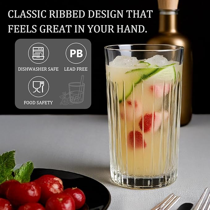 Laerjin Drinking Glasses Set of 8, 12 oz Highball Glasses & 10 oz Cocktail Glasses Set, Ribbed Glass Cups,Thick Glass Cups, Kitchen Water Glasses Cup, Bar Tumbler Glassware for Beer, Whiskey(Clear)