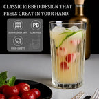 Laerjin Drinking Glasses Set of 8, 12 oz Highball Glasses & 10 oz Cocktail Glasses Set, Ribbed Glass Cups,Thick Glass Cups, Kitchen Water Glasses Cup, Bar Tumbler Glassware for Beer, Whiskey(Clear)