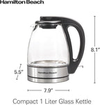 Hamilton Beach Glass Electric Tea Kettle, Water Boiler & Heater, 1 Liter, 1500 Watts for Fast Boiling, BPA Free, Cordless Serving, Auto-Shutoff & Boil-Dry Protection, Soft Blue LED (40930)