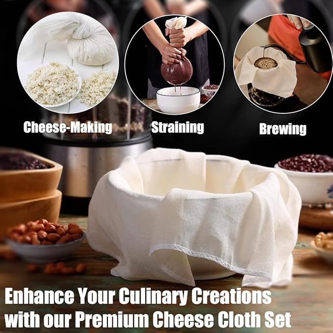 10 Pcs Cheese Cloths for Straining, 20x20 Inch Grade 100 Precut Cheese Cloth With Fabric Fine Mesh Cloth, 100% Unbleached Cotton, Reusable Muslin Cheesecloth for Straining, Juicing, Cooking Turkey