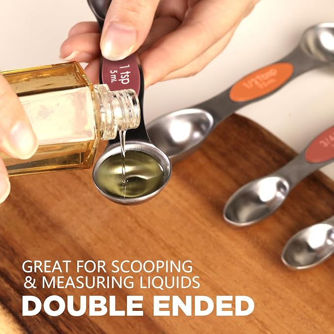 ChefAide Pack of 8 Stainless Steel Magnetic Measuring Spoons Set, Dual Sided, Stackable, Adjustable Teaspoon and Tablespoon Measure Spoon with Leveler, Kitchen Gadgets