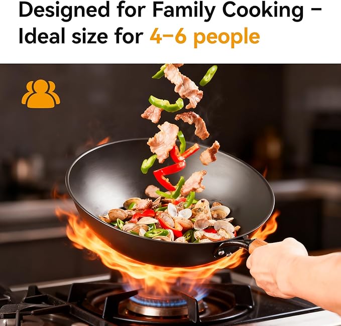 WANGYUANJI 12.6 Inch Iron Wok with Glass Lid, Flat Bottom Stir Fry Pan with Wooden Handle, Non-Coated Naturally Nonstick Skillet, Traditional Chinese Wok for Gas, Electric & Induction Cooking