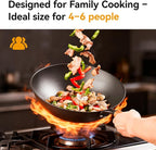 WANGYUANJI 12.6 Inch Iron Wok with Glass Lid, Flat Bottom Stir Fry Pan with Wooden Handle, Non-Coated Naturally Nonstick Skillet, Traditional Chinese Wok for Gas, Electric & Induction Cooking