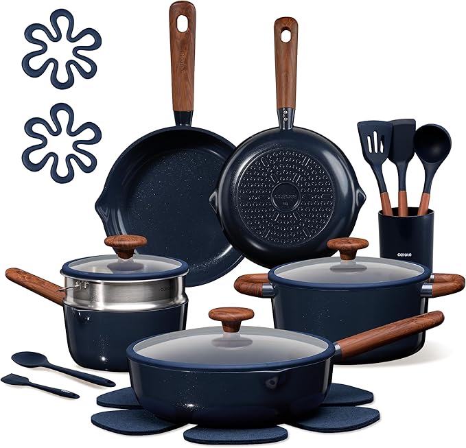 CAROTE 21pcs Cookware Set Nonstick Pots and Pans Set, Ceramic Cookware Set Induction Cookware, Non toxic Healthy Non Stick Kitchen Cooking Set, PFAS PTFE Free, Blue