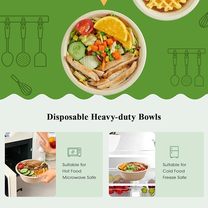 ECOLipak 150 Pack Compostable Disposable Paper Bowls, 16 OZ Biodegradable Bagasse Eco-Friendly Sugarcane Soup Bowls for Salad Wheat Flakes(Nature)