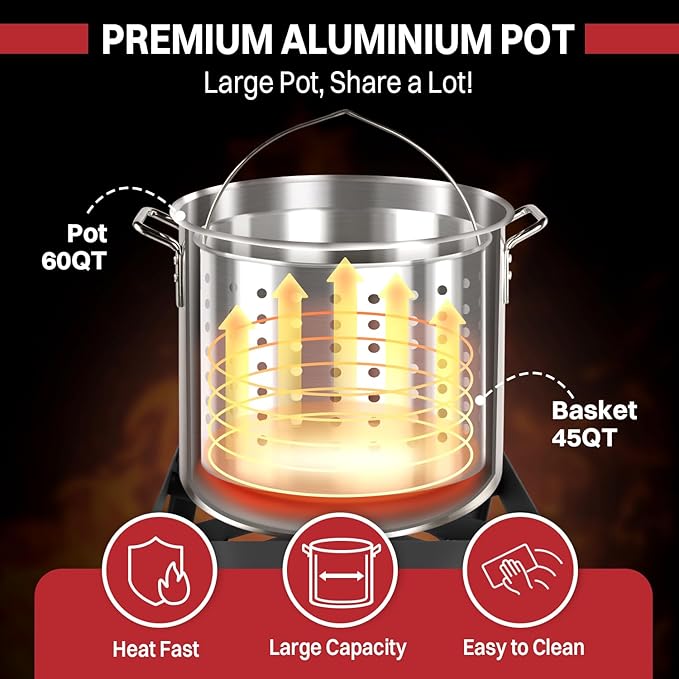 60QT Crawfish Boiler | Seafood Boiling Kit | Dustproof Cover & 12" Skimmer Included | 110,000BTU Propane Jet Burner | 0-20 PSI CSA Certified Regulator | Crab Boil Pot for Outdoor Backyard Cooking