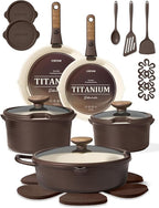 CAROTE 22Pcs Titanium Cookware Set, Pots and Pans Set Non Stick, Kitchen Cooking Set with Detachable Handle, Non Toxic Induction Cookware, Dishwasher/Oven Safe, Browm