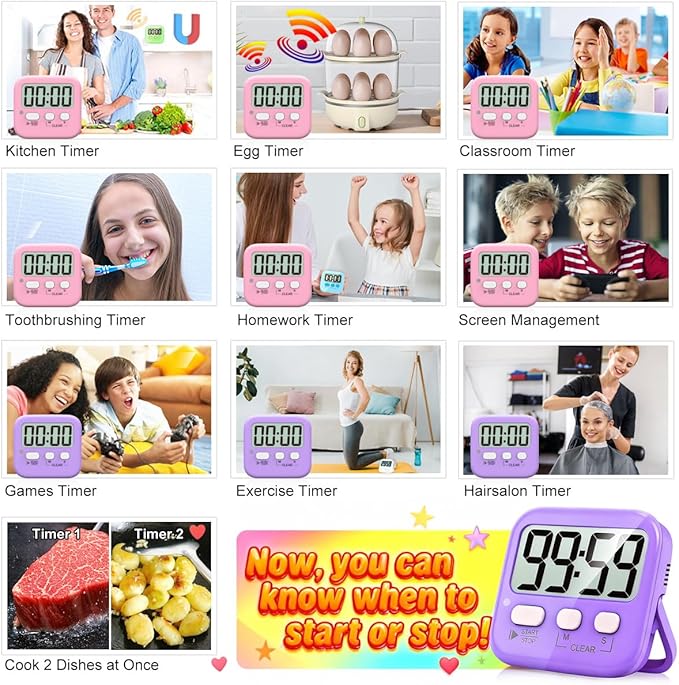 Antonki 2 Pack Digital Timer for Kids, Magnetic Countdown Kitchen Timers for Cooking, Egg, Classroom, Teacher, Exercise, Study, Oven - Battery Included