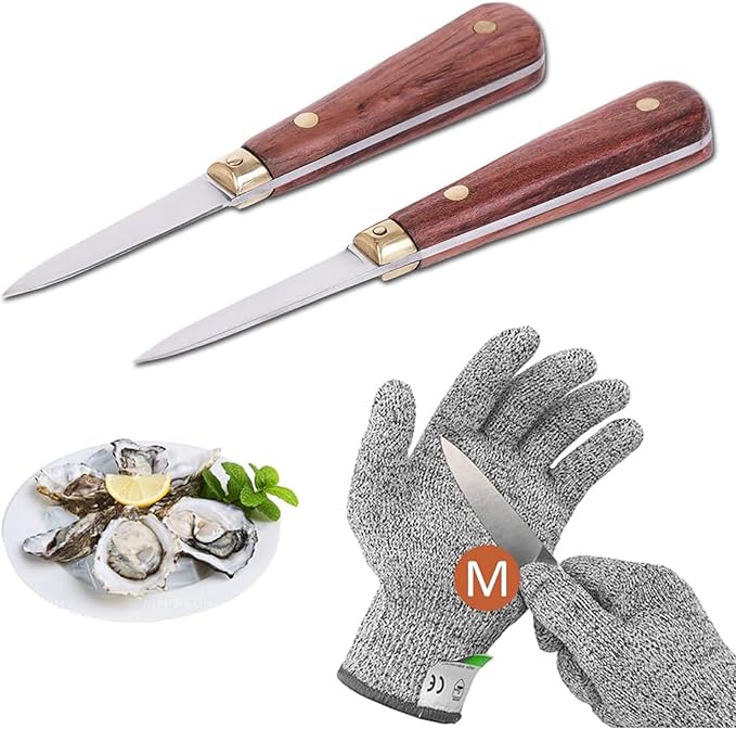 Oyster Shucking Knife,Oyster Knife,SPEENSUN Full Tang Not Easy to Break And Bend,More Secure with Oyster Shucking Glove ( 2Knife And 1Glove M )