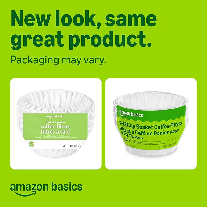 Amazon Basics Basket Coffee Filters for 8-12 Cup Coffee Makers, White, 200 Count, Packaging May Vary