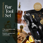 Barillio Bartender Kit Bag with Gold Cocktail Shaker Set - Waxed Canvas, Traveling Bar Tools Bag with 17-Pc Cocktail Kit - Travel Mixology Bartending Kits - Mobile Bar Roll with Strap & Accessories