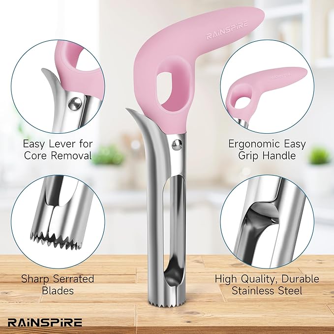 Rainspire Apple Corer Tool Kitchen Apple Core Remover Stainless Steel Comfortable Nonslip Handle, Dishwasher Safe (Pink)