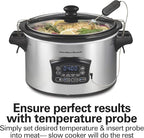 Hamilton Beach Portable 6 Quart Set & Forget Digital Programmable Slow Cooker with Lid Lock, Temperature Probe & Defrost Setting, Dishwasher Safe Crock & Lid, Silver (33869)