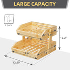 Bamboo 2 Tier Fruit Basket for Kitchen Counter, Large Capacity Fruit Storage Countertop, Fruit Holder, Wood Pantry Organizers and Storage, Kitchen Countertop Organizer With Two Banana Hangers (Bamboo)