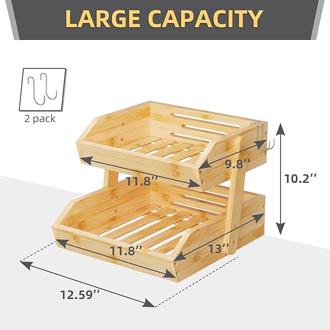 Bamboo 2 Tier Fruit Basket for Kitchen Counter, Large Capacity Fruit Storage Countertop, Fruit Holder, Wood Pantry Organizers and Storage, Kitchen Countertop Organizer With Two Banana Hangers (Bamboo)