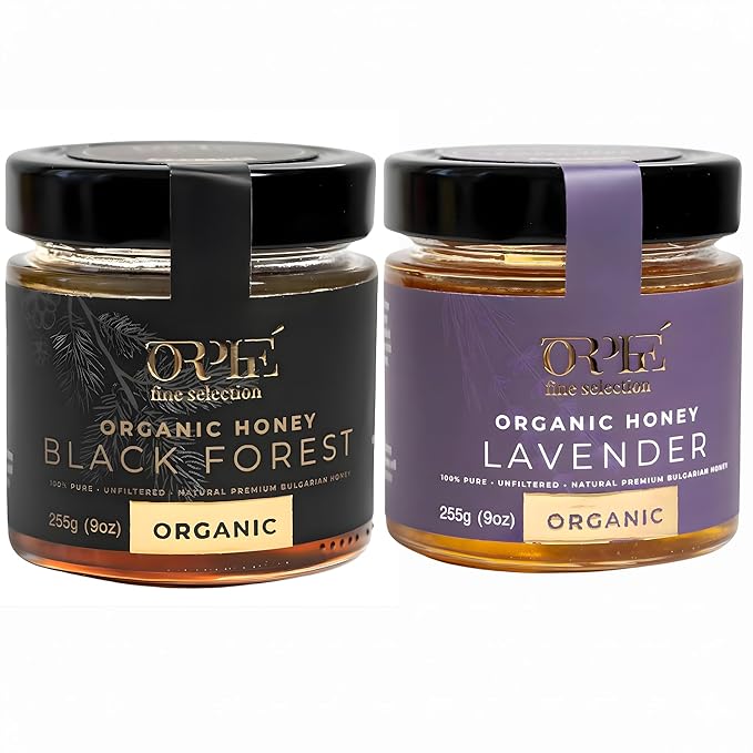 Orphe Luxury Organic Honey Gift Set, Lavender & Forest with Gold-Plated Spoon, Raw Bulgarian Honey Gift Box, Natural Sweetener for Coffee, Tea, Matcha and Breakfast