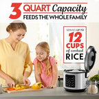 Gourmia Rice Cooker – 3 Qt Capacity, 12 Cup Cooked, 6 Cup Uncooked, Digital Controls, Grain Cooker & Steamer, Built-In Steamer Basket, Nonstick Ceramic Pot, Delay Timer, Keep Warm, Stainless Steel