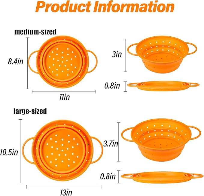 2 Pack Strainers and Colanders, Silicone Collapsible Sink Collander, Strainers and Colanders for Kitchen, Large Drainer for Vegetable, Food, Pasta (Orange)