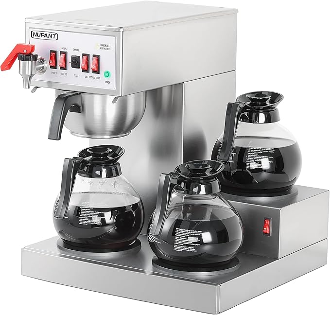 12 Cup Commercial Coffee Maker, Auto Filling Drip Coffee Maker Machine with 3 Glass Carafes 3 Warmers, Stainless Steel Pour Over Coffee Brewer with Hot Water Supply for Restaurant Office Cafe