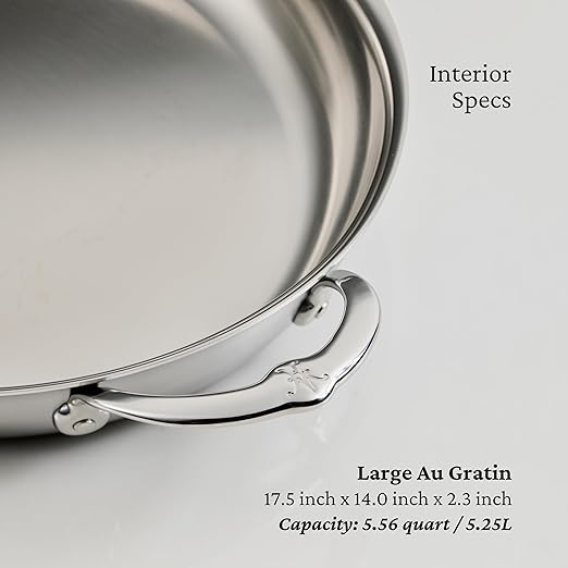 Hestan Provisions Oval Roasting Pan and Au Gratin Dish, 5.5 Quart Clad Stainless Steel, 17.5 x 14 Inch - Designed with Thomas Keller, Oven Safe 600F, Dishwasher Safe