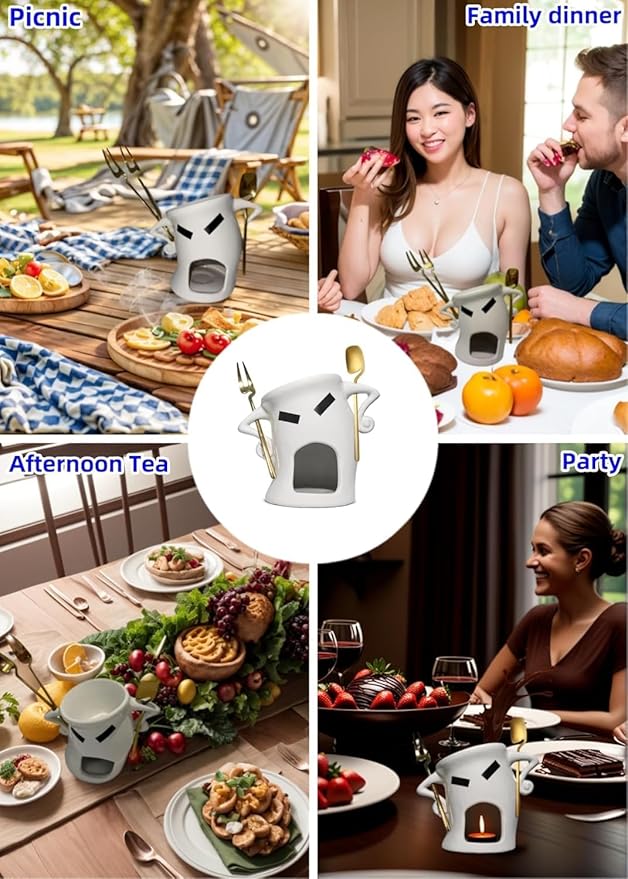 Ceramic Chocolate Fondue Mug With Attitude,Mini Simmer Mug Contain Fondue Bliss Cup Forks Chocolate Melting Cup for Cheese Fondue Set Without Tealights For Date Night Birthday (White)