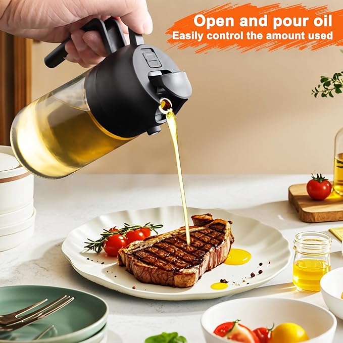 2 in 1 Glass Oil Sprayer & Dispenser,16oz/470ml Olive Cooking, Air Fryer, and Salad, for Kitchen Gadgets and Air Fryer Accessories, w/Stickers (Black)
