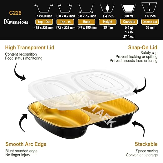 Divided Aluminum Foil Takeout Containers with Lids (5 Pack) – 2X Thicker Heavy Duty Black Compartment Food Trays for Bento, Meal Prep, School Lunch & To-Go Meals, 27oz