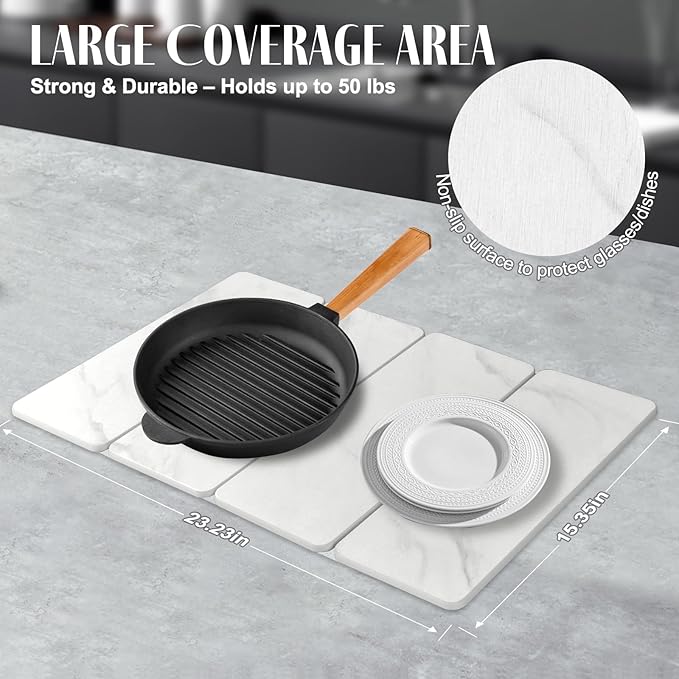 Large Stone Dish Drying Mats for Kitchen Counter, 24"(L)×16"(W) Marble pattern, Drying Collapsible Dish Drying Mat, Eco-Friendly Absorbent Diatomaceous Earth Mats for Dishes Bottles Cups