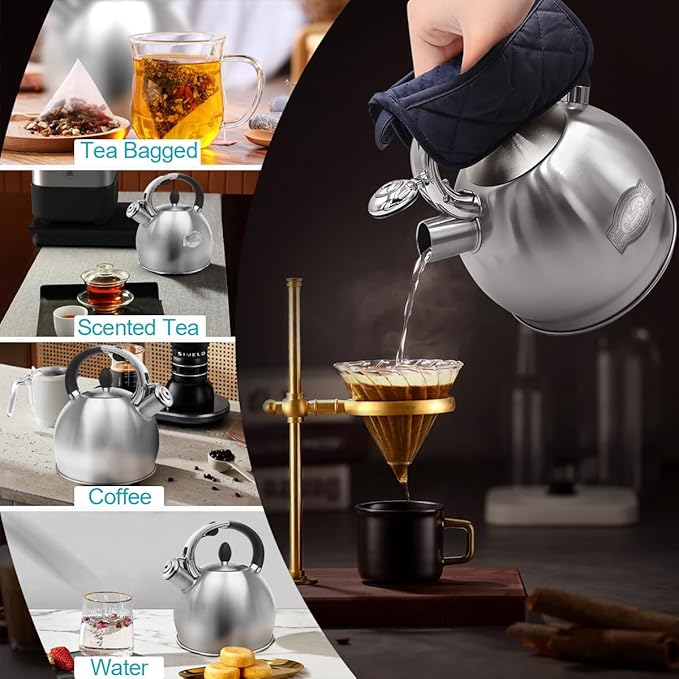 Tea Kettle, 2.64 Qt Tea Pot Stovetop, Premium 304 Food-Grade Tea Kettle Stovetop, Resounding Sound, Vintage Aesthetics, with Pot Holder (Brushed)