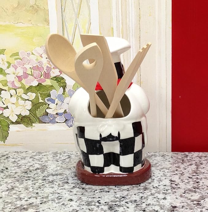 ACK Fat Chef Hand Painted Ceramic Utensil Jar, Utensil Holder, Modern Kitchen Decor, Kitchen Storage for Spoon, and More