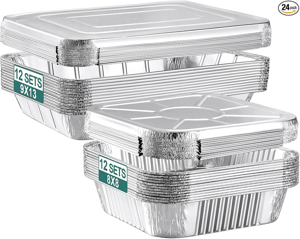 NEEBAKE 24 Pack Disposable Aluminum Pans with Lids Combo Set- 12 Large 9x13 Foil Pans Half Size & 12 Small 8x8 Tin Foil Baking Pans, Tin Trays Containers for Meal Prep, Food Cooking, Roasting, Heating