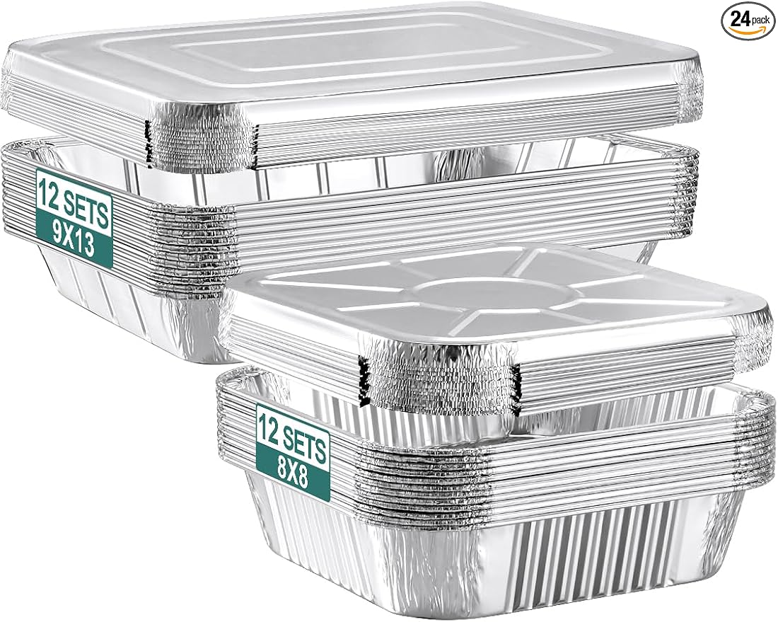 NEEBAKE 24 Pack Disposable Aluminum Pans with Lids Combo Set- 12 Large 9x13 Foil Pans Half Size & 12 Small 8x8 Tin Foil Baking Pans, Tin Trays Containers for Meal Prep, Food Cooking, Roasting, Heating