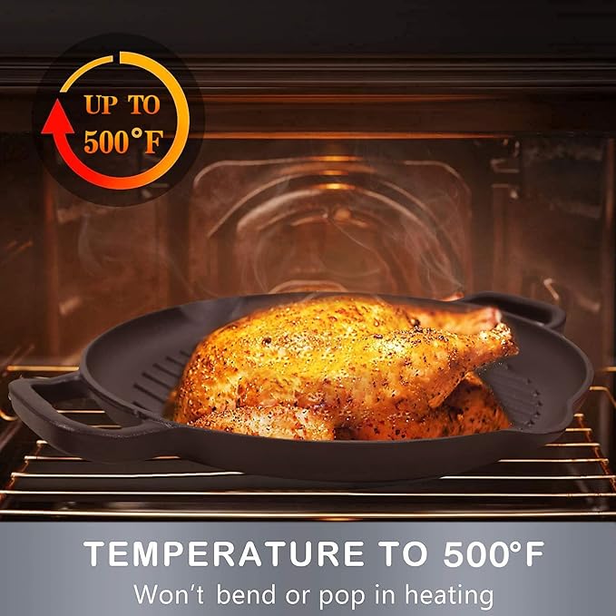 Cast Iron Grill Pan, 12.6 inch Griddle Pan with Dual Handles, Pre-Seasoned Heavy-Duty Cast Iron Skillet for Stovetop, Oven, Indoor & Outdoor BBQ Use
