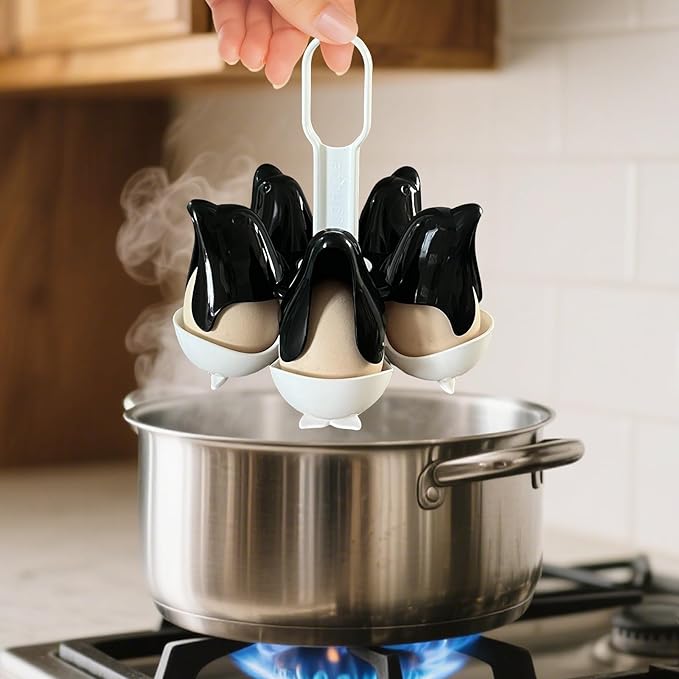 Asltw Dolphin Boiled Egg Holder – 3-in-1 Cooker, Server & Fridge Tray for Soft/Hard Eggs, BPA-Free, Cute Kitchen Gift for Kids & Families (Black+White)