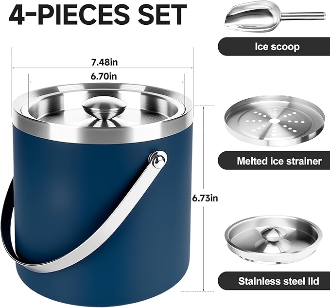 3L Double-Wall Insulated Stainless Steel Ice Bucket with scoop for Cocktail Bar - Metal Ice Bucket for freezer with Lid for parties,Camping,and More!champagne bucket,bar cart accessories