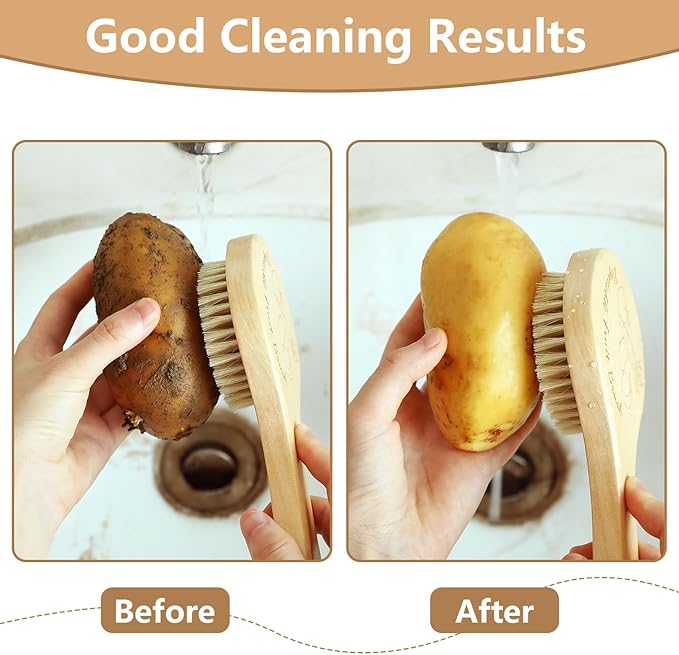 Vegetable Brush, Cleaning Brush with Long Handle for Potato Carrot Cucumber and Fruits Veggie Wash Brushes Wooden Dish Brush for Pans Pots Fruits Vegetable