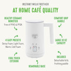 GreenLife Ceramic Electric Milk Frother, 10oz, 4-in-1, Auto Hot and Cold Foam, Dense and Light Foam, PFAS Free, Cordless Milk Warmer and Steamer for Latte, Coffee, White