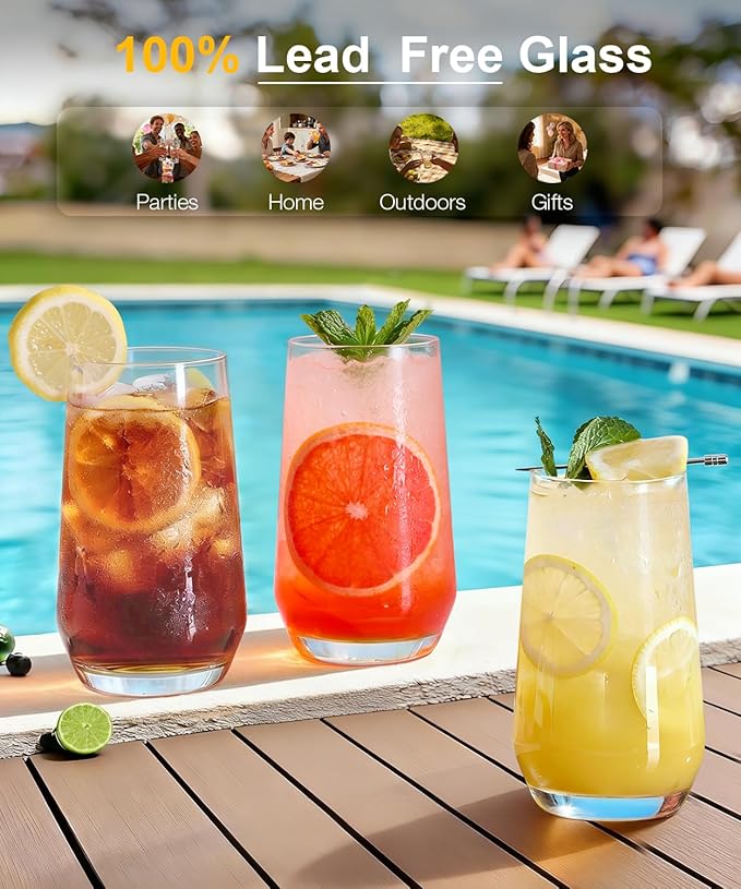 16.2oz Drinking Glasses Set of 8, Tall Water Highball Glasses, Unique Design Lead-Free Crystal Glassware, Glass Cups for Mojito and Mixed Drink Cocktail Glass Set