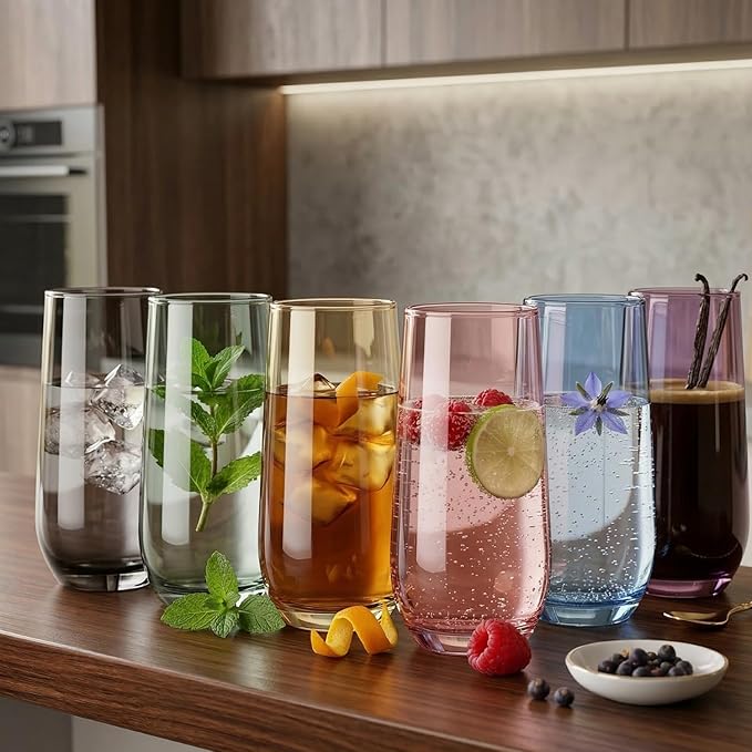 Pink Drinking Glasses Set of 6 | Translucent Rose Glassware | 16 oz Blush Pink Glass Cups | Highball Drinkware for Cocktails, Long Drink, Mojito, Juice, Soda | Modern Pastel Drinkware