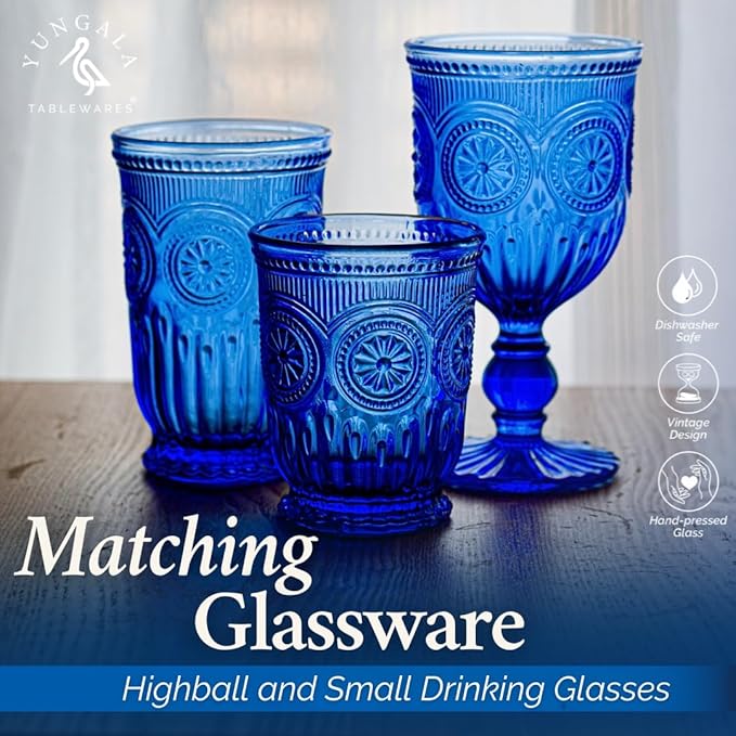 Yungala Cobalt Wine Glasses Set of 6 Goblets - Handcrafted Vintage Glassware with Sunflower Motif, Dishwasher Safe Cobalt Blue Glassware