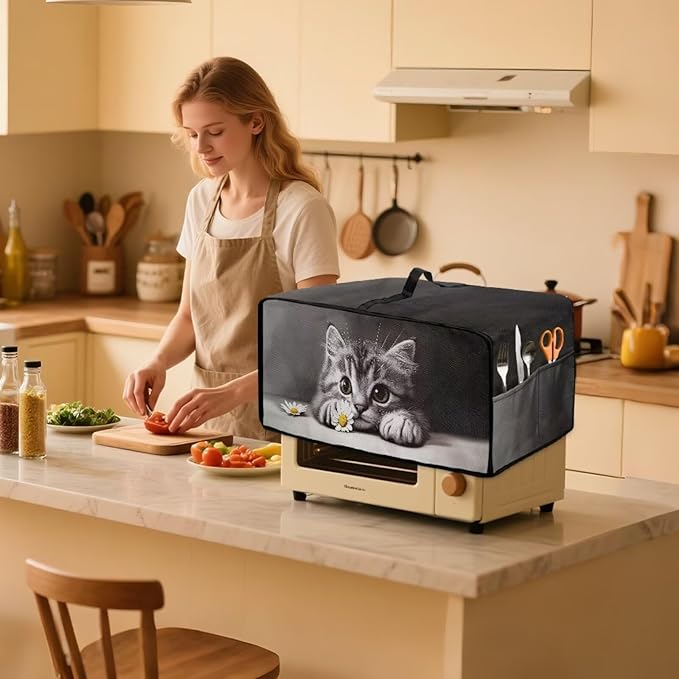 Kitten Daisy Print Toaster Oven Stain-resistant Cover for Kitchen Counter Decor, Heavy Duty Heat-resistant Microwave Oven Cover, Washable (Large-18.5 * 22.5 * 12.99 inches)