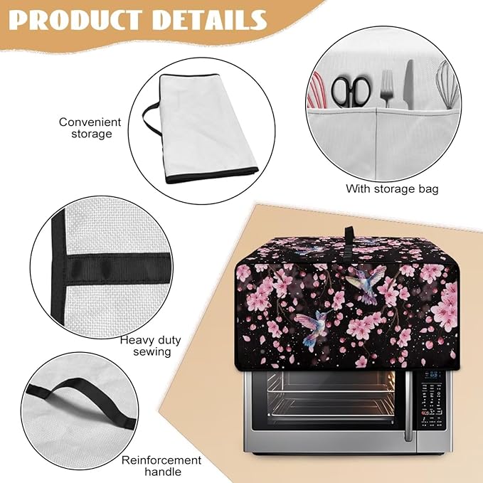 Hummingbird Cherry Blossom Print Toaster Oven Cover, Heat-Resistant Toaster Cover Dust-Proof Microwave Oven Protector, Protections for Kitchen, Black, (Medium-16.1*19.71*10 inches)